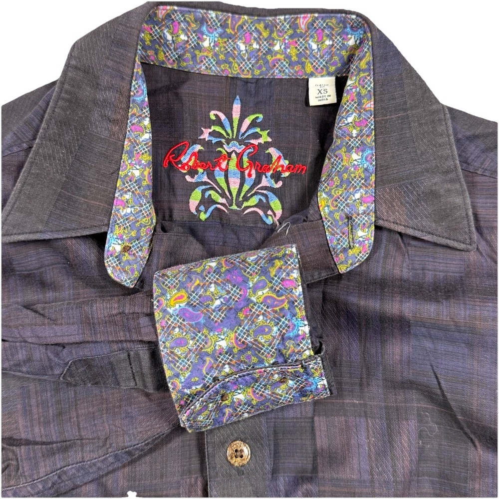 Robert Graham Shirt Mens XS Black Purple Plaid Classic Fit Embroidered Flip Cuff